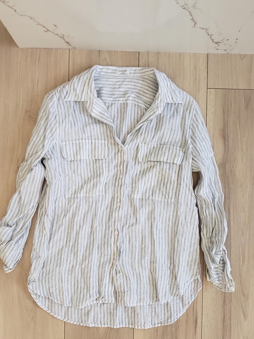 Babaton White and Light Blue Striped Linen Button-Down Shirt